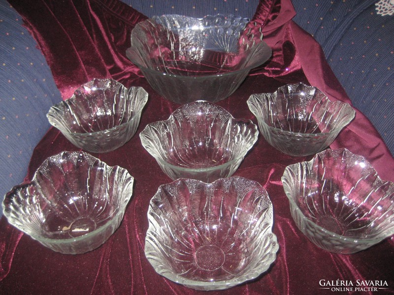 Glass dessert set from the 70s, bowl 23 cm, trays 13 cm