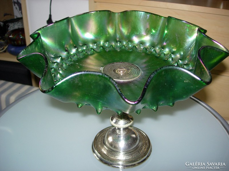Antique Loetz glass plate, centerpiece with silver overlay foot