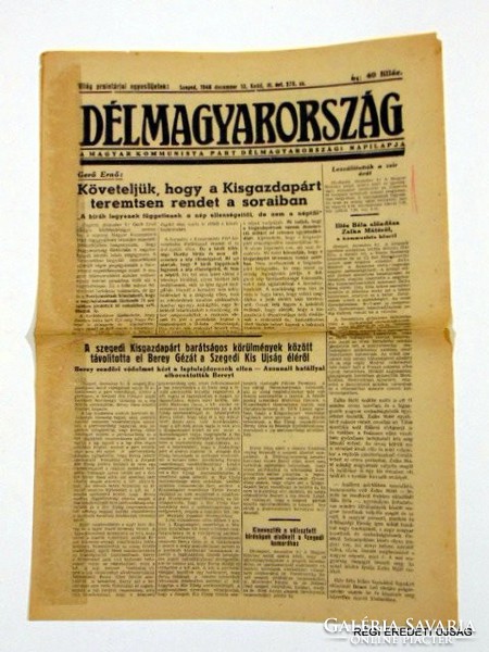 1948 december 10  /  DÉLMAGYARORSZÁG  /  RÉGI EREDETI MAGYAR ÚJSÁG Szs.:  3655