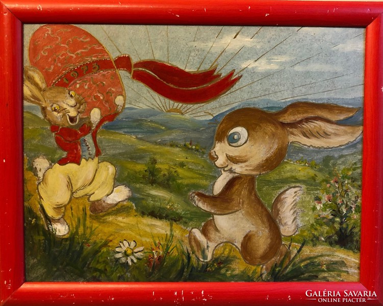 "Húsvéti nyuszik" 1973.   26,5x35 cm-es olaj, farost retro 