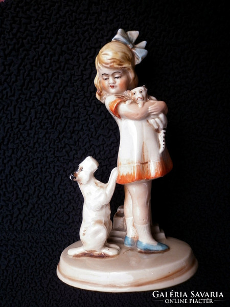 Sitzendorfi, antik porcelán Kislány ciával és kutyával