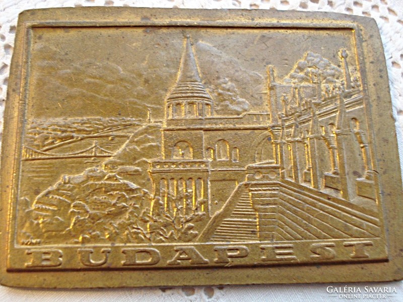Copper plaque depicting the Fisherman's Bastion in Budapest