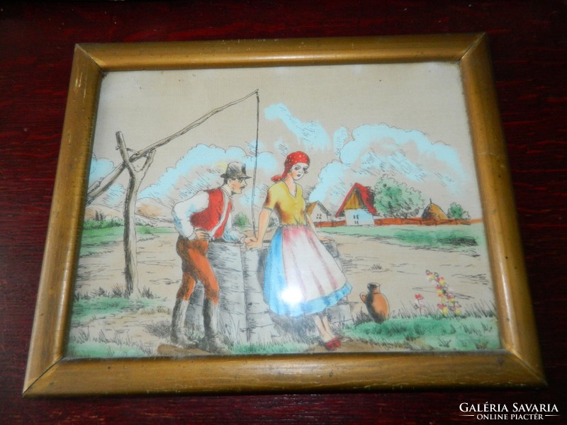 Antique approx. 100-year-old silk picture - courtship at the well