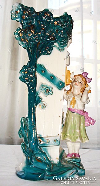 Art Nouveau little girl phoning with hand painted antique vase