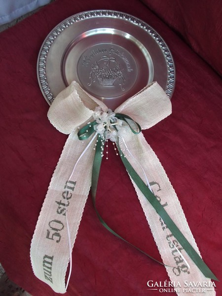 Plate - pewter - 50th birthday present - flower basket with 3d pattern and large, hand-embroidered ribbon.