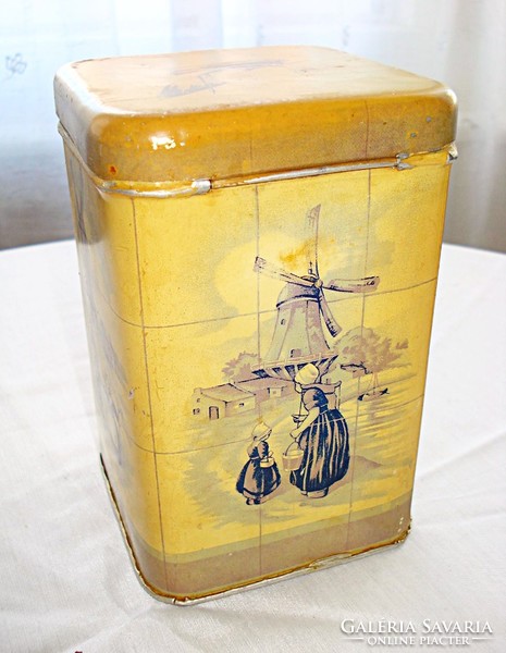 Antik pléh gríztartó doboz holland életképekkel díszítve (1940-es évekből)