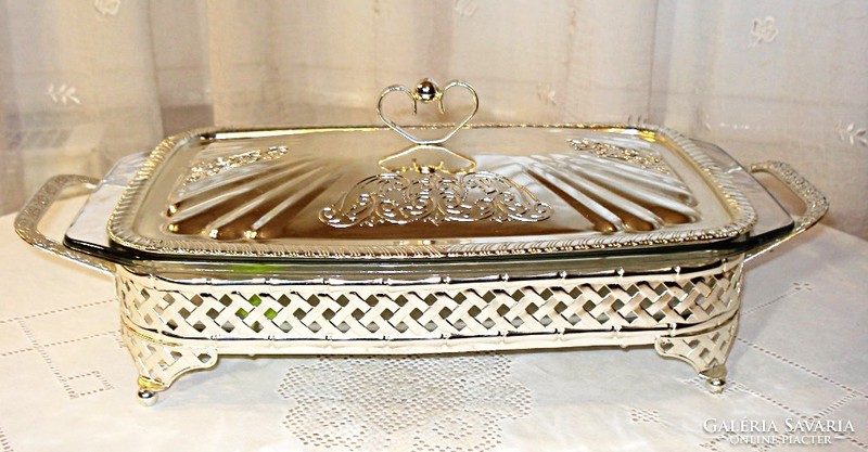 Silver-plated food serving and heat-resistant baking dish with lid