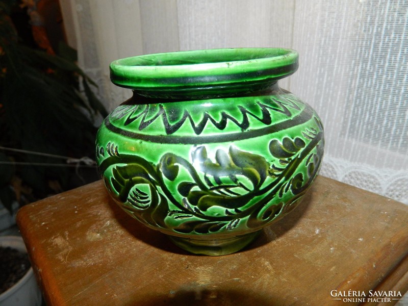 Józsa János Korond : korondi kerámia zöld - fekete öblös  cserép váza