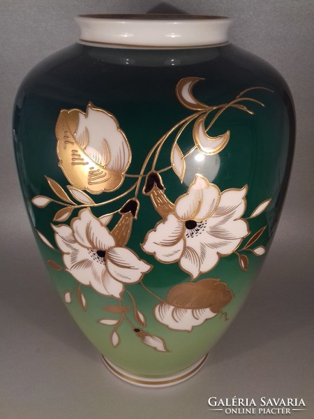 Kiváló látványos ajándék akció! Testes Wallendorf aranyozott porcelán öblös nagy méretű  váza 30 cm