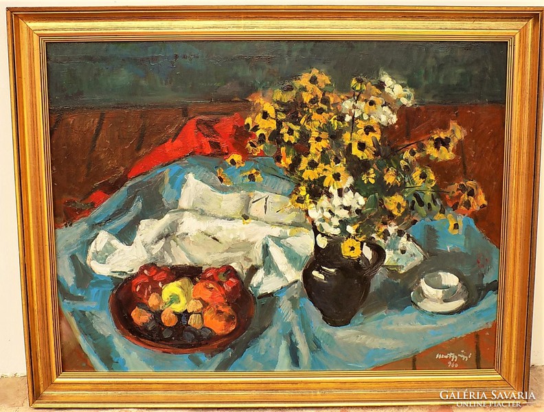 Szentgyörgyi Kornél ( 1916-2006) Asztali csendélet c. olajfestménye 86x66cm Eredeti Garanciával