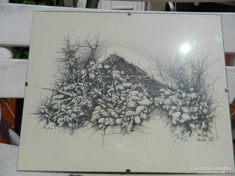 Hut under snow: marked engraving - etching, woodcut