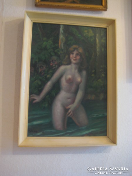 Painting, signed, oil on wood fiber, bathing woman with two satyrs in the background 44 x 63 cm + frame