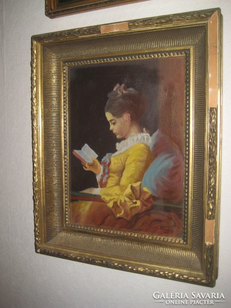 Várady with sign b. Young reading girl 1966 oil on canvas based on jean-honoré fragonard