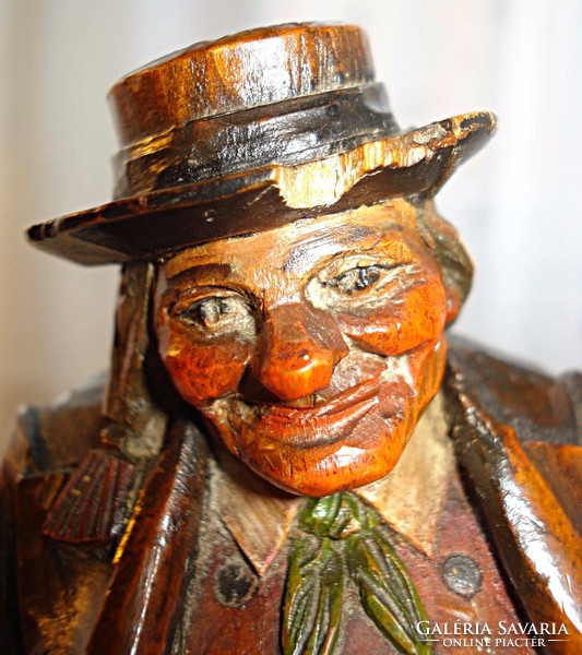 Antique Austrian pot-bellied, painted wooden statue of a man in a hat /1934/