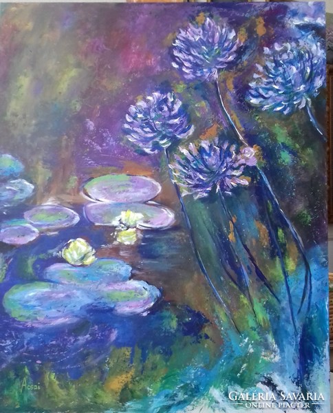Vizililiomok és szerelemvirág c. festmény C. Monet nyomán -Water lilies and agapanthus after C.Monet