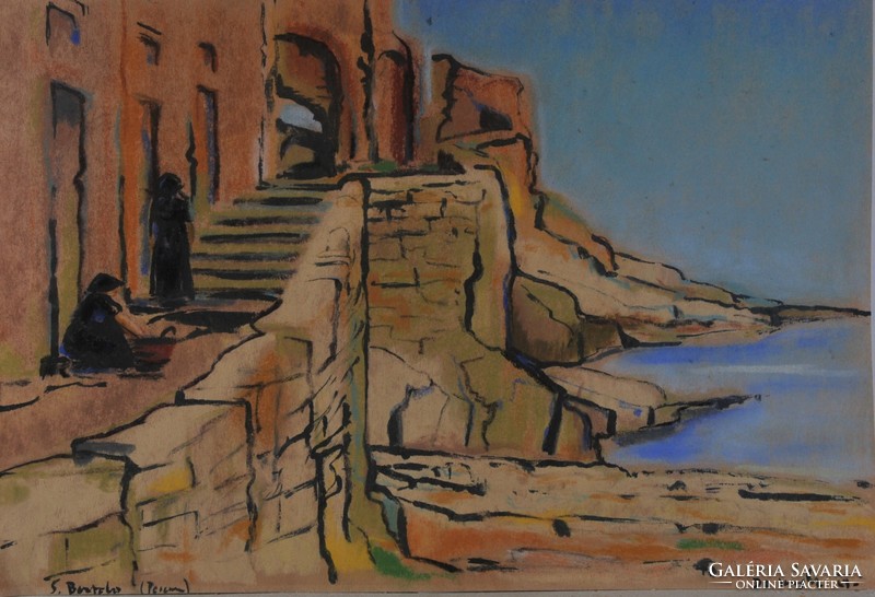 Ismeretlen festő: Tengerparti lépcső, pasztell
