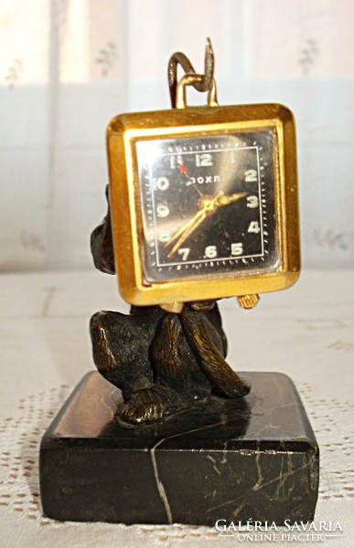 On black marble base, bronze monkey statuette - pocket watch holder