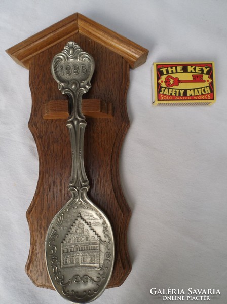 Spoon - 23 x 12 cm - 1995. Numbered pewter spoon with hardwood holder - German