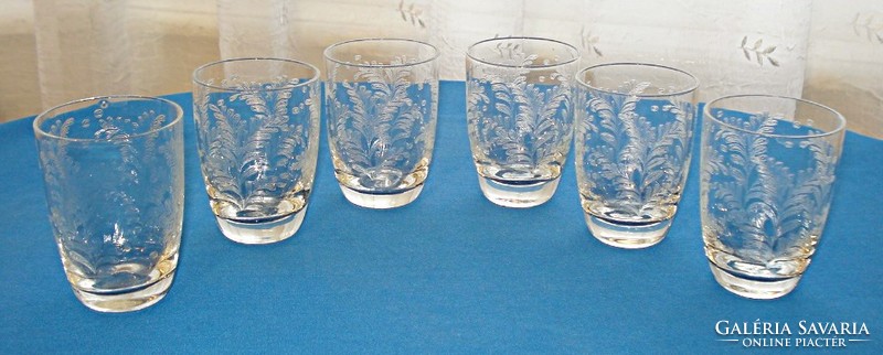 5+1 old, traditional shaped wine glasses with acid-etched fern pattern