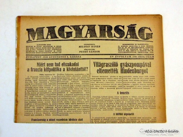 1934 augusztus 8  /  MAGYARSÁG  /  RÉGI EREDETI ÚJSÁG Szs.:  6585