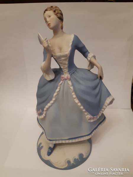 Royal Dux gumibélyegzős biszkvit legyezős hölgy 21 cm