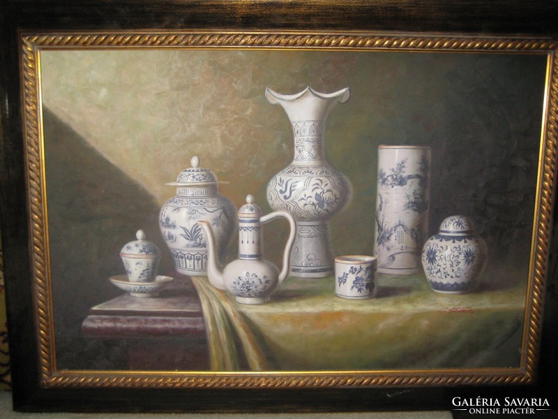 Csendélet , porcelánokkal ,festmény  olaj - vászon   , S. Stone  szignóval
