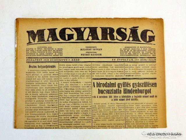1934 augusztus 7  /  MAGYARSÁG  /  RÉGI EREDETI ÚJSÁG Szs.:  6586