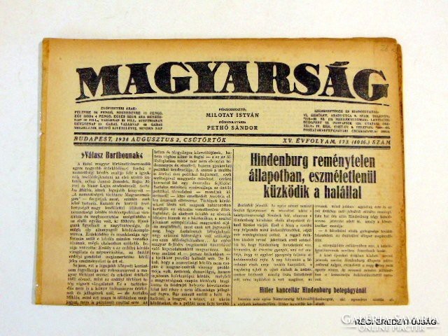 1934 augusztus 2  /  MAGYARSÁG  /  RÉGI EREDETI ÚJSÁG Szs.:  6588