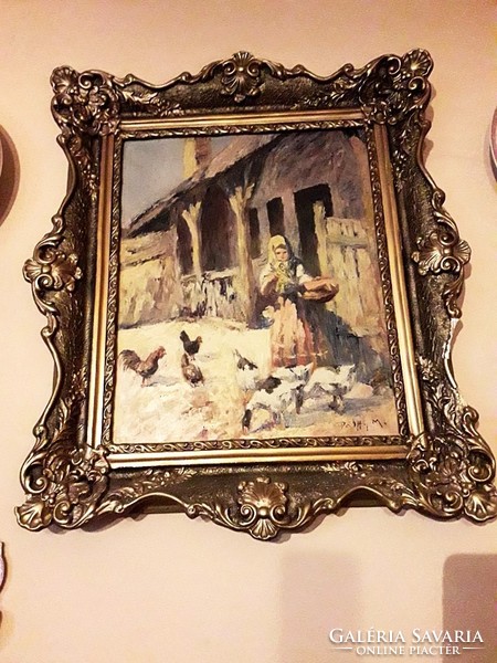 Pálffy .M.Antik Olaj ,vászon falusi jelenetes festmény 70x60 cm