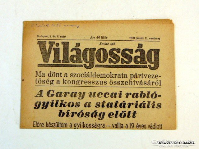 1948 január 11  /  VILÁGOSSÁG  /  SZÜLETÉSNAPRA RÉGI EREDETI ÚJSÁG Szs.:  6795