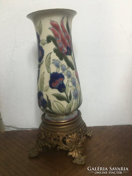 Historism museum Zsolnay vase with bronze gilded decoration