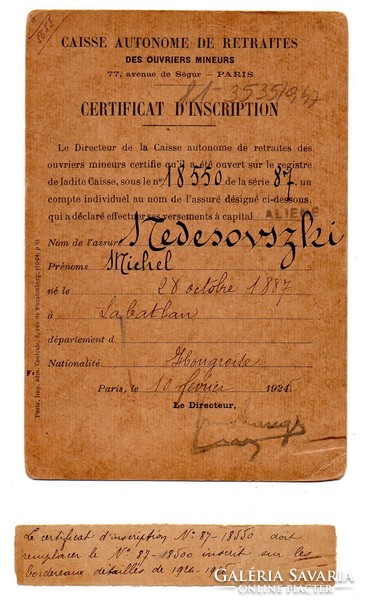 Bányászok Önkéntes Nyugdíjpénztára Párizs Regisztrációs Igazolás 1925
