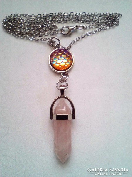 Natural rose quartz hexagon block pendant on a silver chain