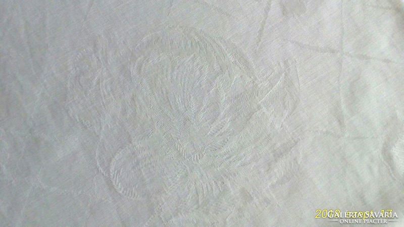 Antique, snow-white damask tablecloth, tablecloth, with rose pattern 170 x 130 cm