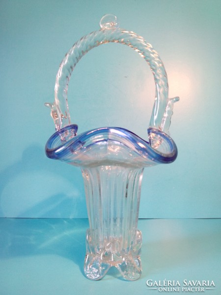 Antik kék szélű muránói üveg kosár váza