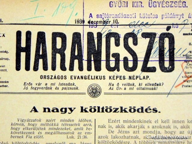 1940 október 20  /  HARANGSZÓ  /  RÉGI EREDETI ÚJSÁG Szs.:  4655