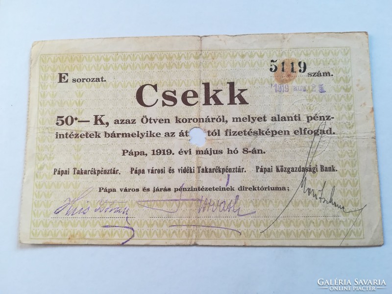 1919-es 50 Korona Pápai Takarékpénztár csekk