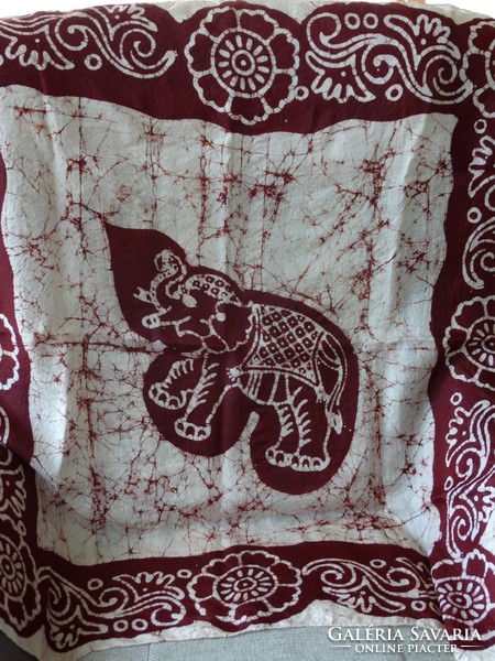 Silk scarf from India with batik elephant and flower pattern, 90 x 90 cm