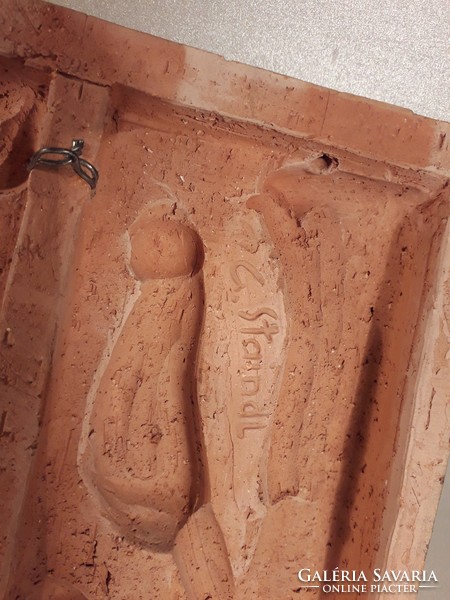Garányiné staindl katalin wall ceramic - bird feeding its chicks - marked original wall ornament
