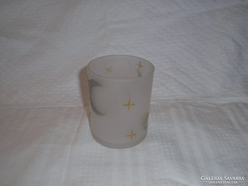 Candle holder - thick milk glass - with gold moon - stars 9 x 7.5 cm - perfect