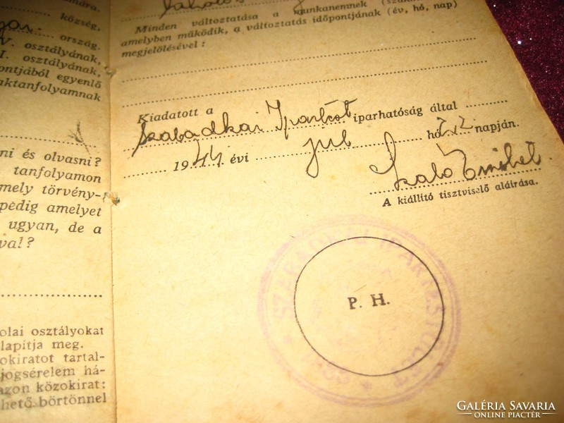 Working book from 1944. With the 1885 Stemplij of the Subotica Industrial Association