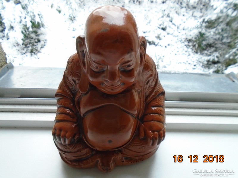 Sárkányos palásttal,meditáló Buddha,mázas vörös agyag (Yixing ?)-18,5x15x13,5 cm