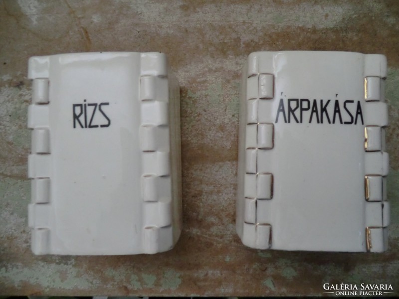 Finom porcelán fűszertartók Rizs és Árpakása felirattal, aranyozott Mizzi jelzéssel