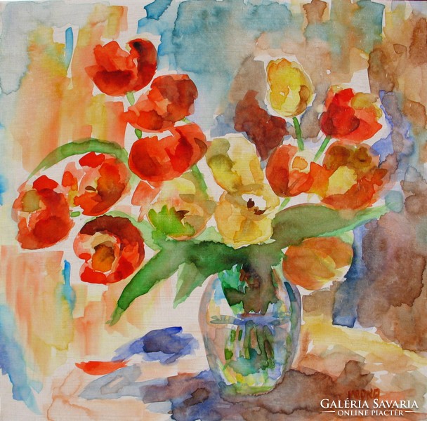 Moona - Tulipánok EREDETI akvarell festmény