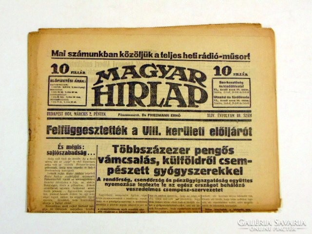 1934 március 2  /  MAGYAR HIRLAP  /  RÉGI EREDETI ÚJSÁG Szs.:  7155