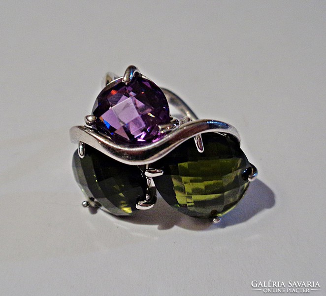 Two green and one purple stony silver rings
