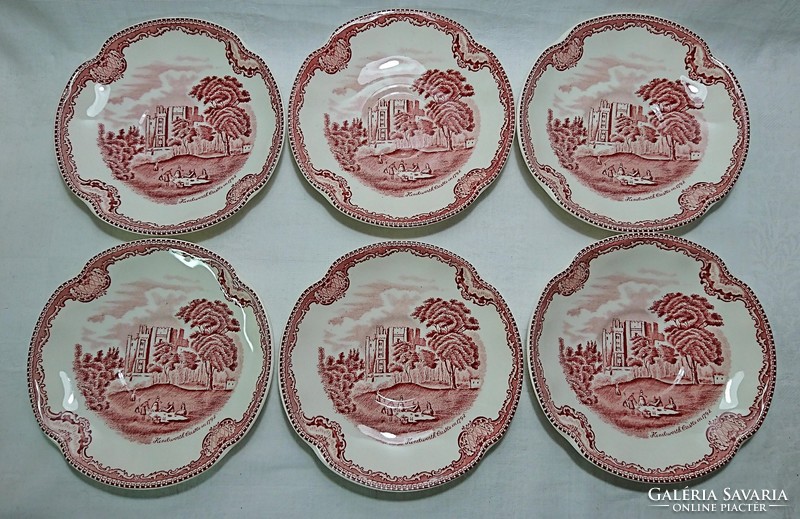 Johnson bros 6 pieces in flawless condition with a wavy edge, castle scene pink teal bottom