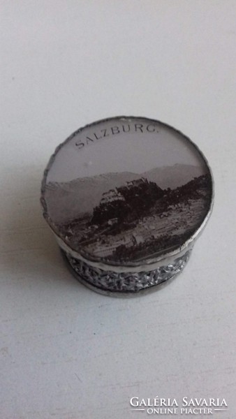 Old silver-colored small box with Salburg landscape under glass on the top
