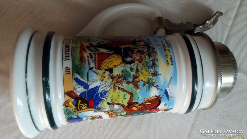 Tin lid, painted bmf porcelain beer mug, 22 cm high