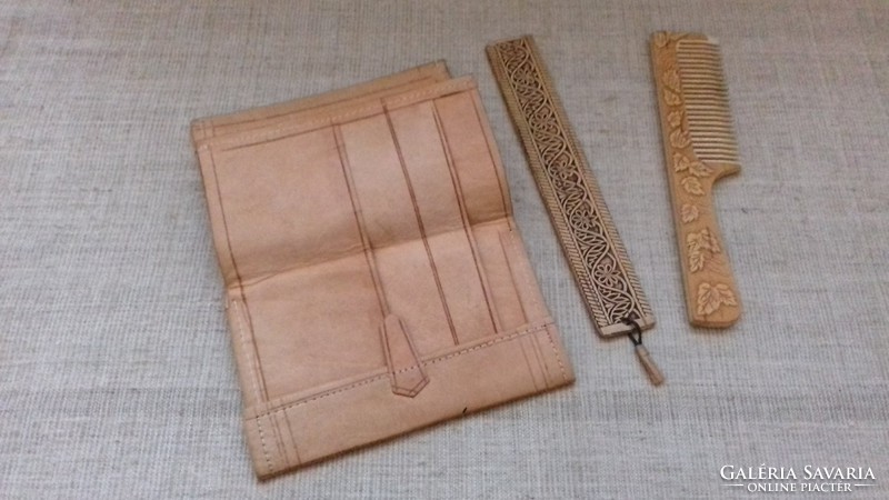 Retro handmade leather wallet with matching comb and gift bookmark all in one